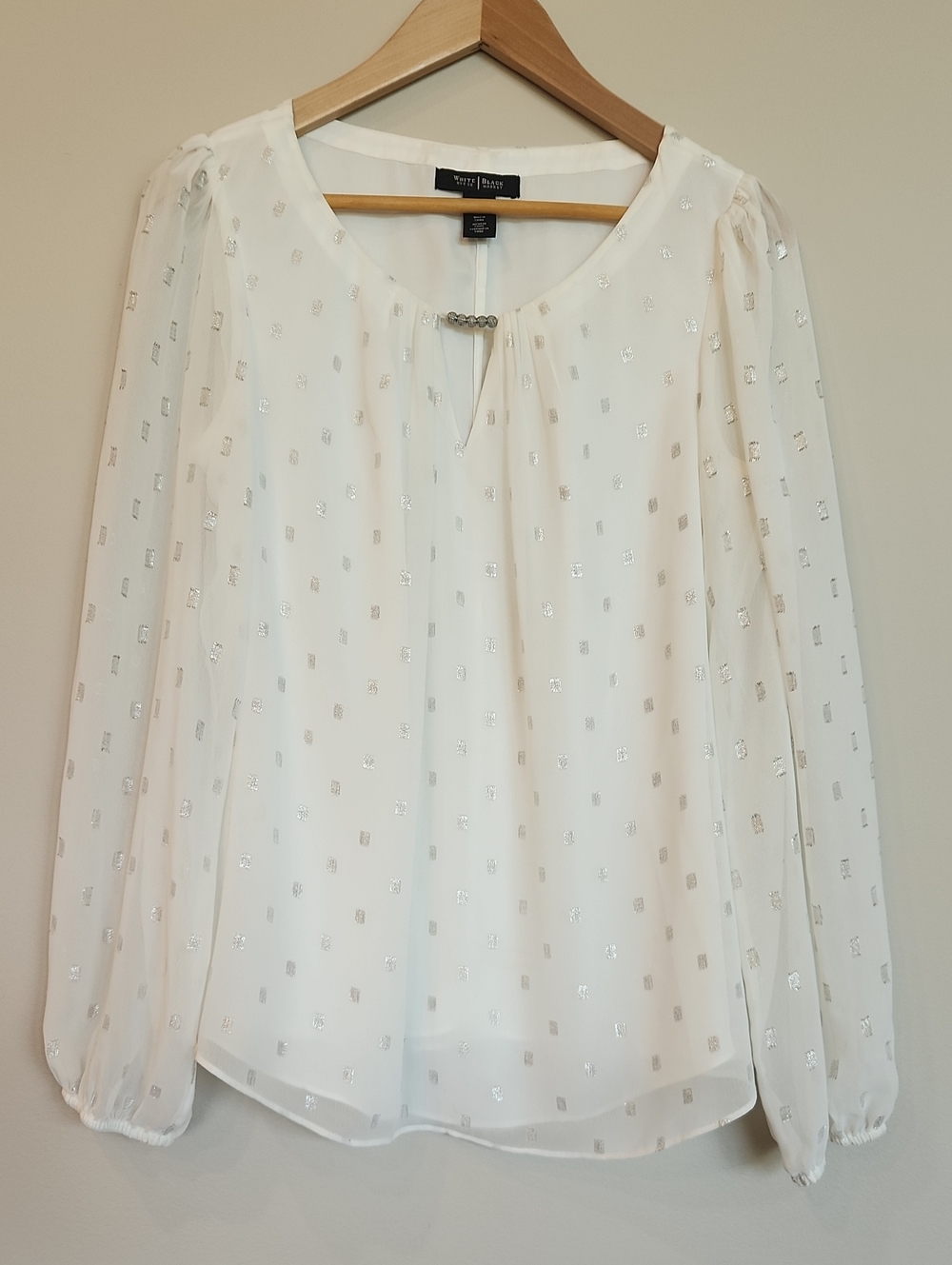 WHBM Blouse, Off-white with Silver Square Accents, Size 8, EUC